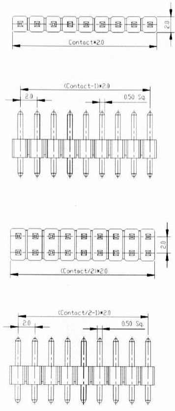 Male headers straight type Connectors Product Outline Dimensions