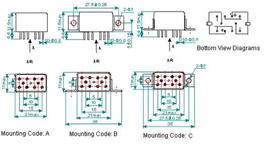 2JB2-1  miniature and hermetical Electromagnetism relay series Relays Product Outline Dimensions