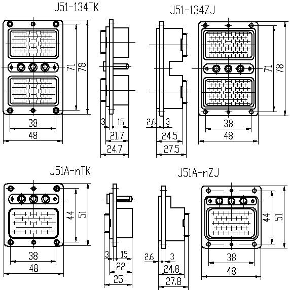 Series J51,J51A Rectangular, Electrical Connector series Connectors Product Outline Dimensions